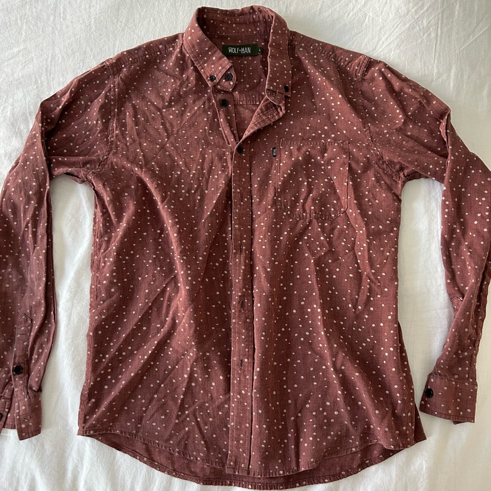 Red with white polka dot button down